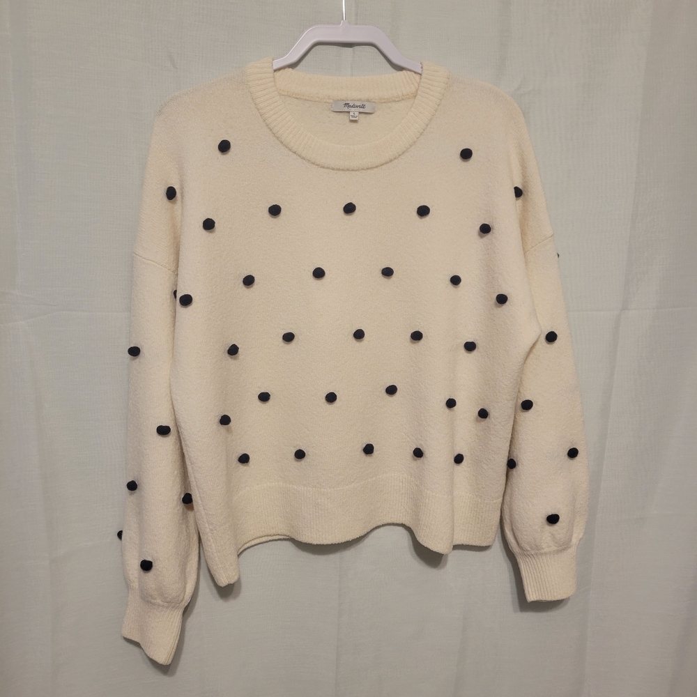 Madewell Cream Sweater with Black Polka Dots Merino Wool Blend Size L